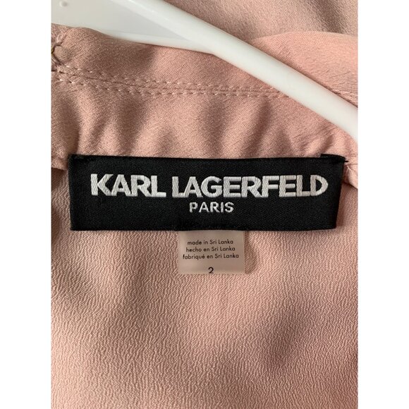 Karl Lagerfeld Paris Pink Faux Wrap Dress Surplus Neck Ruffle Hem LS Size 2 - Picture 7 of 11